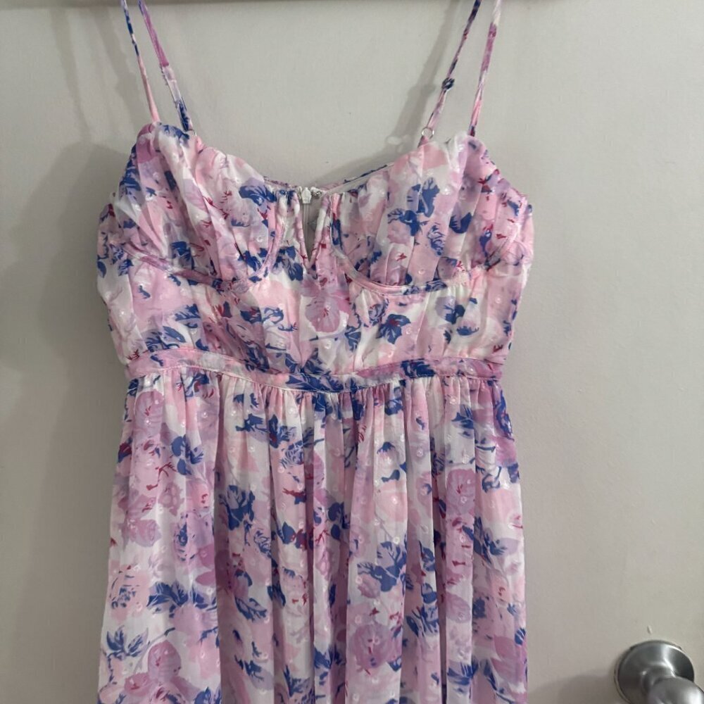🦋 NWOT LULUS Total Darling Pink Multi Floral Print Notched Bustier Maxi Dress - Picture 3 of 5